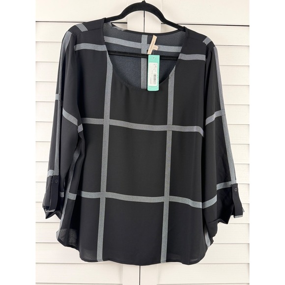 41 Hawthorn Tops - 41 Hawthorn Bixby Scoop Neck Blouse Women XL Black Windowpane Plaid NEW